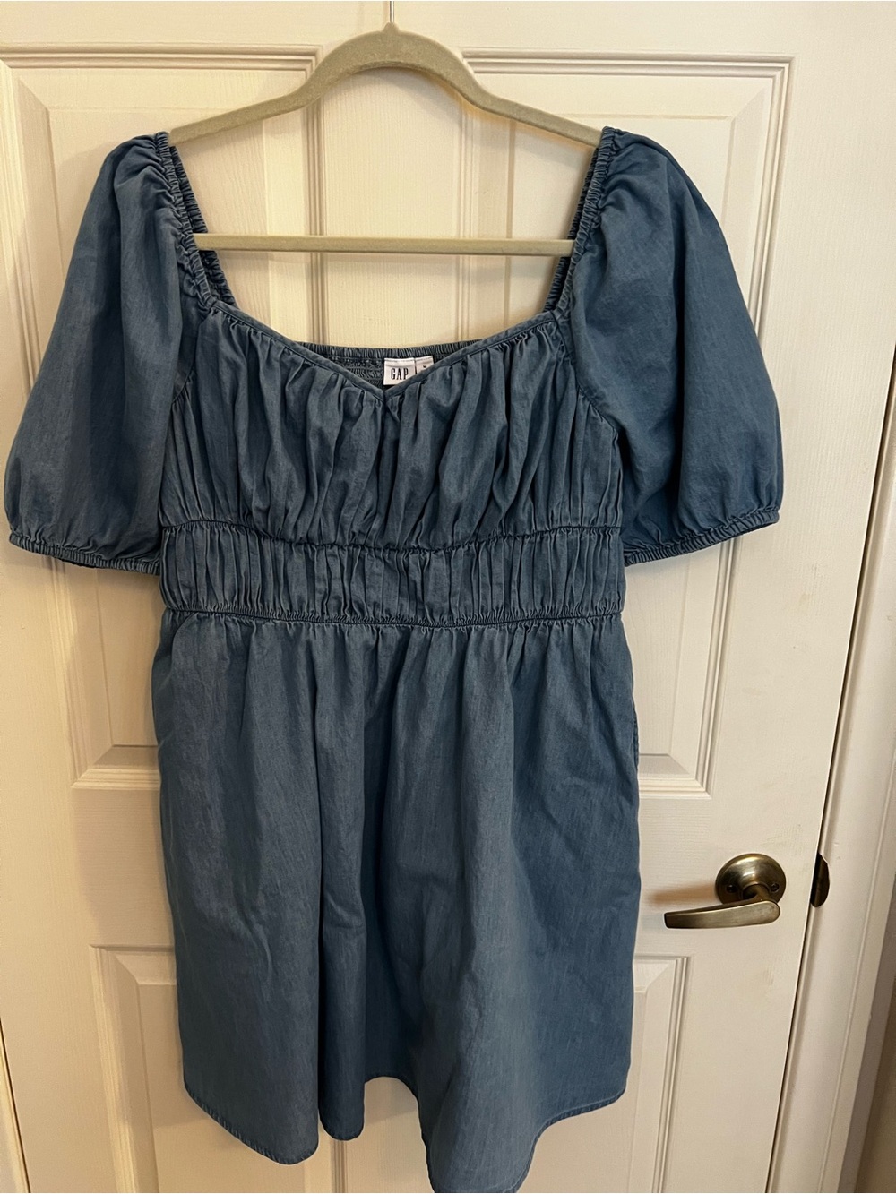 GAP Blue Chambray Puff-Sleeve Smocked Waist Dress
